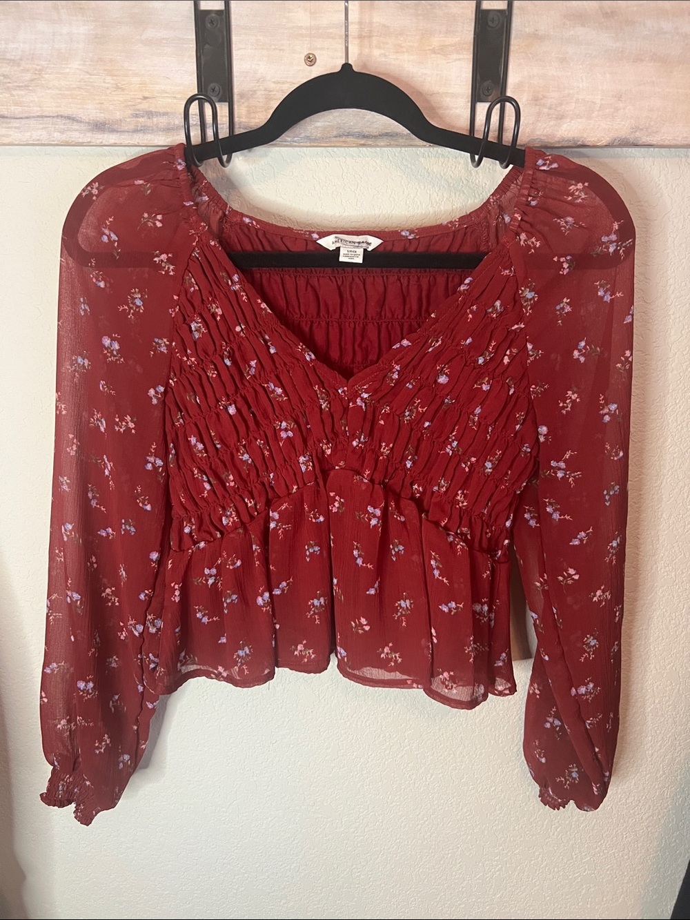 AE Outfitters Burgundy Floral Smocked Peasant Blouse